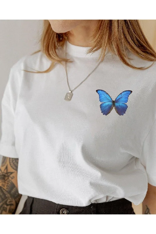 Blue Butterfly Printed Oversized Cotton Combed Cotton Fabric White Tshirt-- Asymmetrical Pockets Print Blue Butterfly Printed Oversized Cotton Combed Cotton Fabric White Tshirt-- Asymmetrical Pockets Print