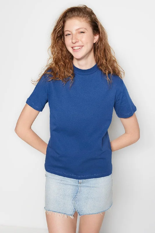 Navy Blue 100% Cotton Basic Stand Up Collar Knitted T-Shirt TWOAW20TS0096-- Houndstooth Herringbone Solid Navy Blue 100% Cotton Basic Stand Up Collar Knitted T-Shirt TWOAW20TS0096-- Houndstooth Herringbone Solid