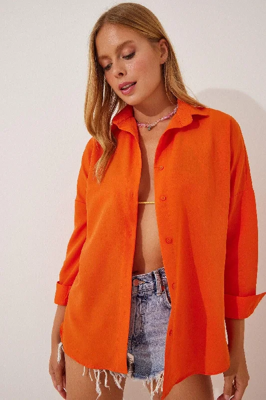 Women's Vivid Orange Oversize Long Basic Shirt DD00842-- Graphic T-Shirt Round Neck Polyester Women's Vivid Orange Oversize Long Basic Shirt DD00842-- Graphic T-Shirt Round Neck Polyester