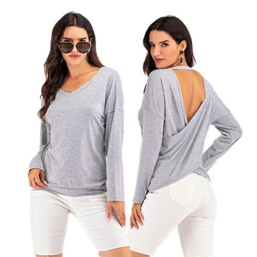 Solid Cross Sexy Open Back Spring Casual Top Women T Shirts-- Elasticated Padded Insulated Solid Cross Sexy Open Back Spring Casual Top Women T Shirts-- Elasticated Padded Insulated