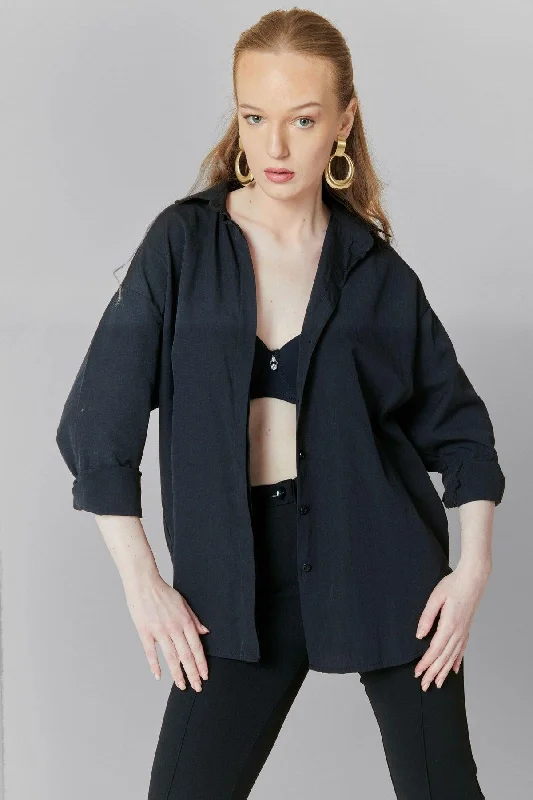 Women's Black Oversize Long Basic Shirt-- Welt Pockets Slit Pockets Flap Pockets