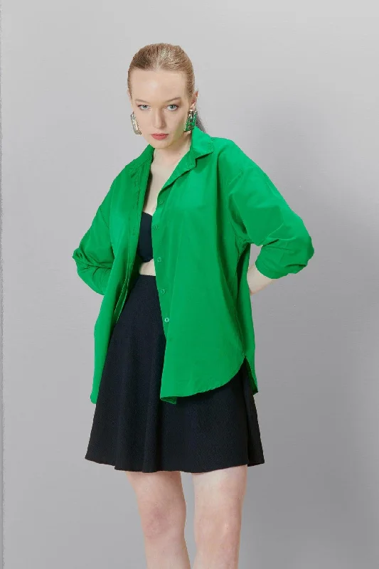 Women's Green Oversize Long Basic Shirt-- Wool Fabric Cashmere Fabric Tweed Fabric