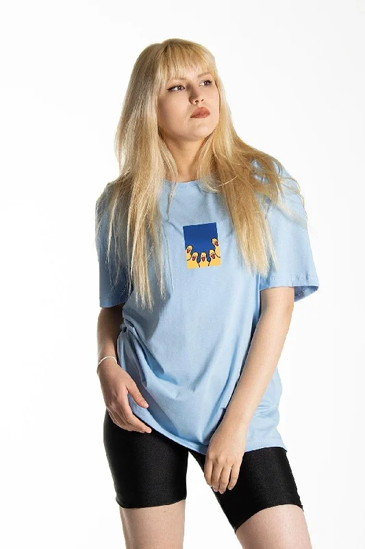Women's Light Blue Front Duck Print Crew Neck Oversize Cotton T-shirt-- Mesh Blend Leather Blend Suede Blend
