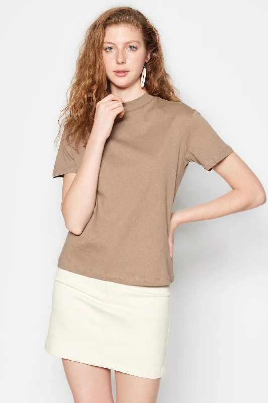 Mink 100% Cotton Basic Stand Up Collar Knitted T-Shirt TWOAW20TS0096-- Wool Fabric Cashmere Fabric Tweed Fabric Mink 100% Cotton Basic Stand Up Collar Knitted T-Shirt TWOAW20TS0096-- Wool Fabric Cashmere Fabric Tweed Fabric