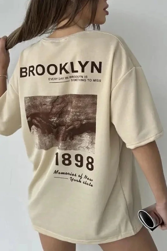 Women's Beige Brooklyn Back Printed Oversize T-shirt-- Welt Pockets Slit Pockets