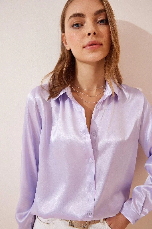 Women's Lilac Lightly Flowy Satin Shirt DD00990-- Notch Collar Peter Pan Collar Cowl Neck Women's Lilac Lightly Flowy Satin Shirt DD00990-- Notch Collar Peter Pan Collar Cowl Neck