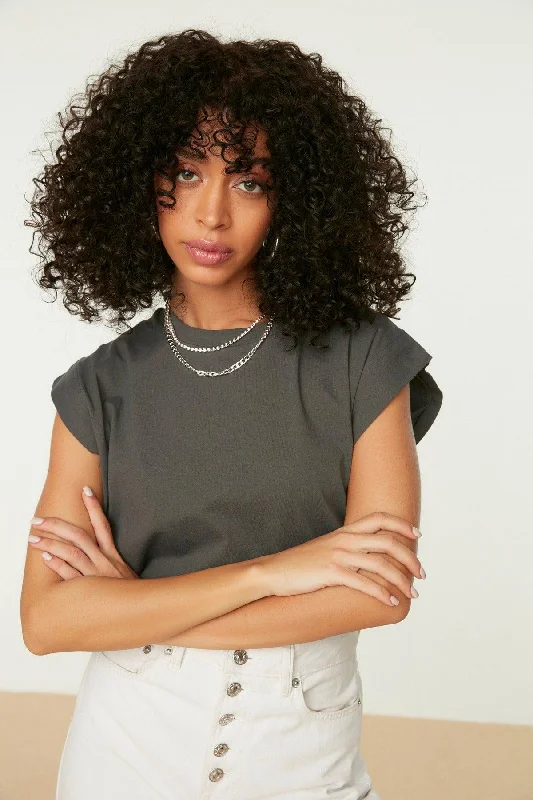 Anthracite 100% Cotton Wadding Look Basic Crew Neck Knitted T-Shirt TWOSS20TS0021-- Houndstooth Herringbone Solid Anthracite 100% Cotton Wadding Look Basic Crew Neck Knitted T-Shirt TWOSS20TS0021-- Houndstooth Herringbone Solid