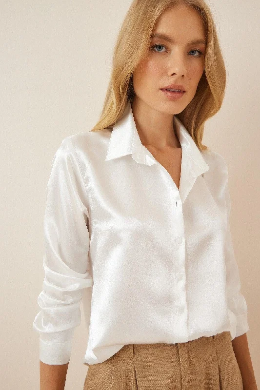 Women's White Lightly Flowy Satin Shirt DD00990-- Beaded Sequined Faux Fur