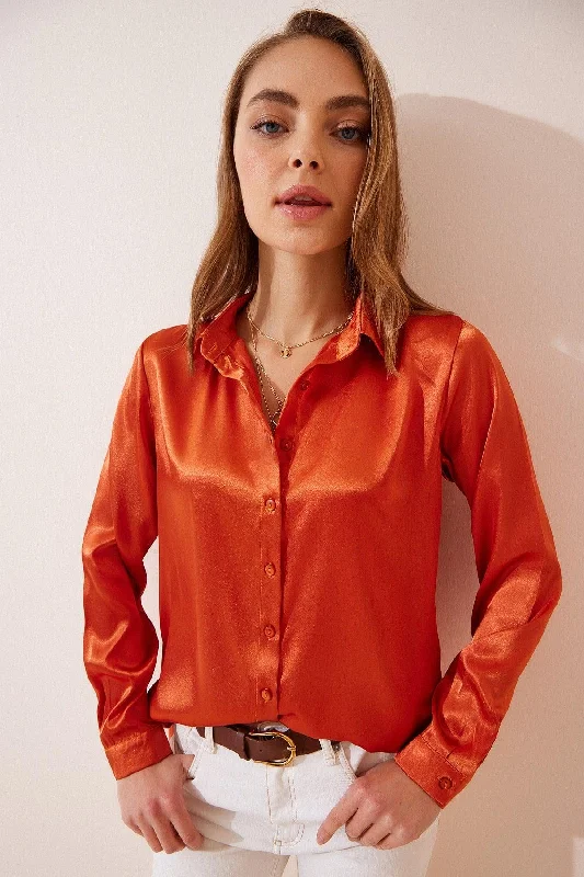 Women's Orange Lightly Flowy Satin Shirt DD00990-- Striped Floral Plaid