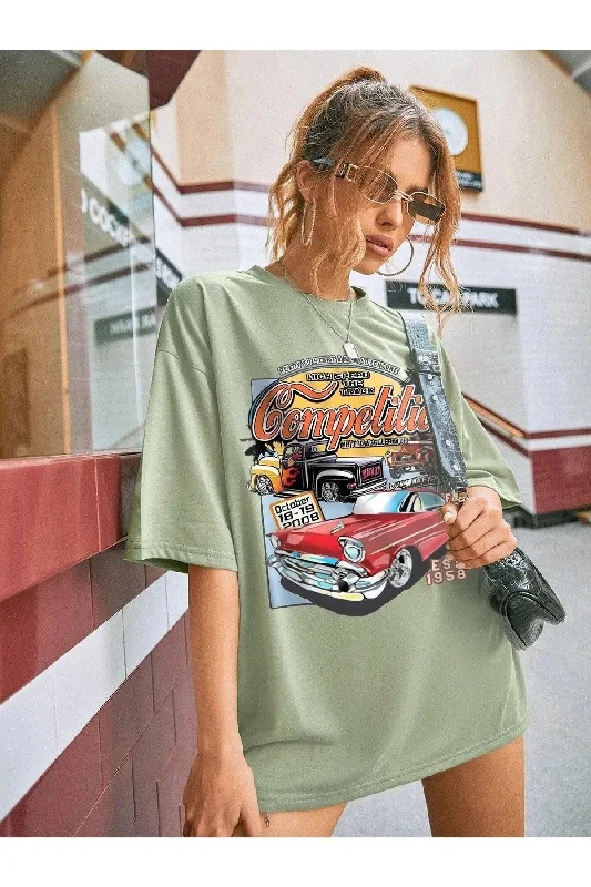 Women's Chalk Green Compeltition Printed Oversize T-shirt-- Collared Crew Neck Turtle Neck Women's Chalk Green Compeltition Printed Oversize T-shirt-- Collared Crew Neck Turtle Neck