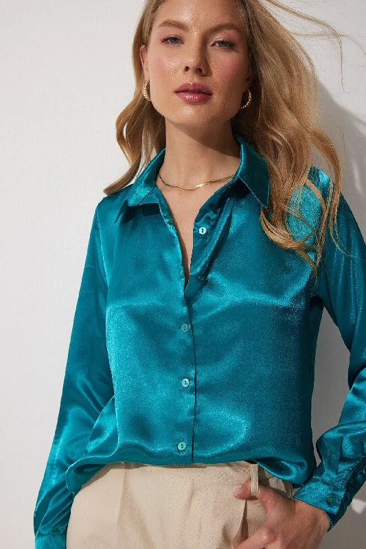 Women's Dark Blue Lightly Flowy Satin Shirt DD00990-- Spandex Blend Rayon Blend Denim Blend
