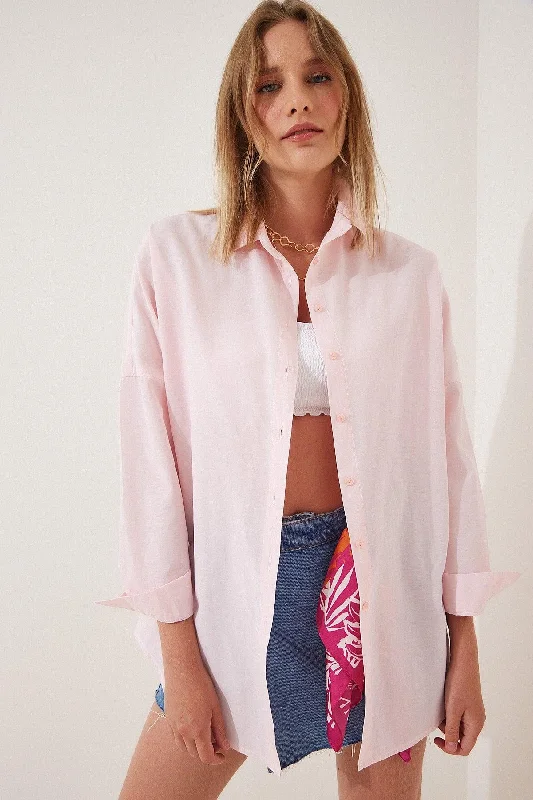 Women's Light Pink Oversize Long Basic Shirt DD00842-- Front Pockets Side Pockets Patch Pockets Women's Light Pink Oversize Long Basic Shirt DD00842-- Front Pockets Side Pockets Patch Pockets