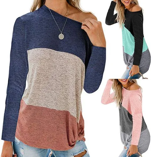 Womens Long Sleeve One Line Neck Contrast Color T-shirt-- Collared Crew Neck Turtle Neck