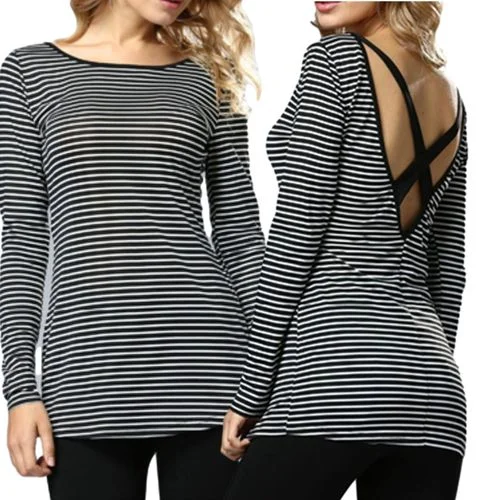 Back Cross-striped Top Spring SlimMed Down Women T Shirts-- Seamless Knitted Crochet Back Cross-striped Top Spring SlimMed Down Women T Shirts-- Seamless Knitted Crochet