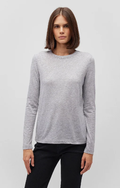 LONG SLEEVE CREW NECK T-SHIRT IN SNOW GREY MELANGE-- Sequined Glittery Shiny