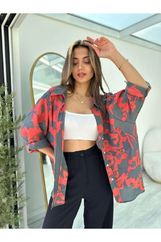 Gray Patterned Off Shoulder Oversize Shirt-- Embroidered Appliqued Beaded