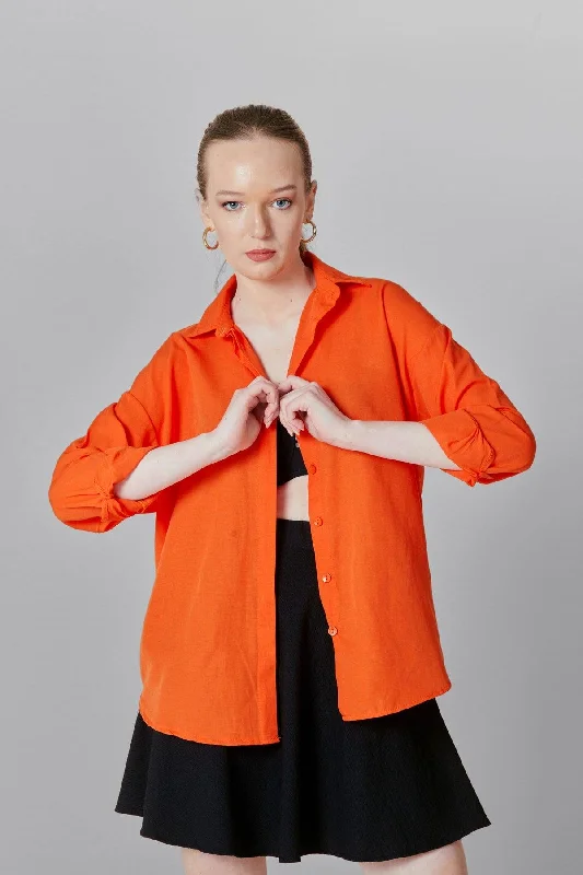 Women's Orange Oversize Long Basic Shirt-- Zippered Front Buttoned Front Snap Front