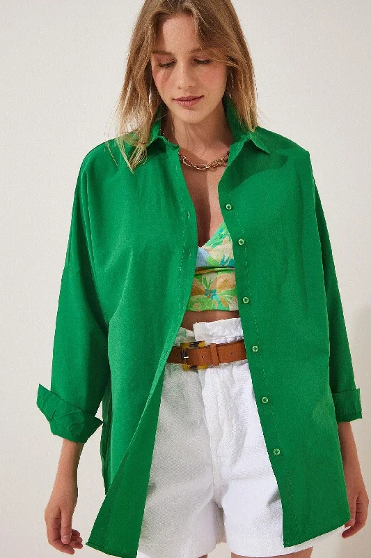 Women's Vivid Green Oversize Long Basic Shirt DD00842-- Polka Dot Checkered Tartan