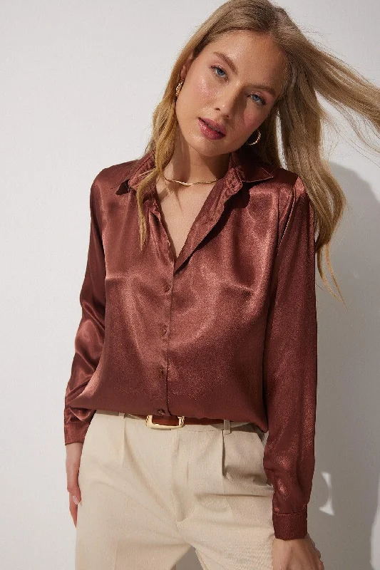 Women's Brown Light Flowy Satin Shirt DD00990-- Rayon Velvet Corduroy