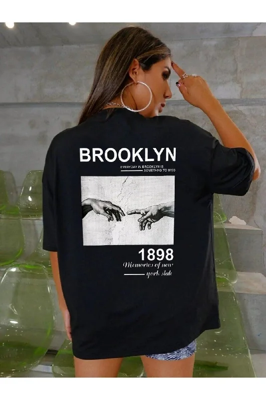 Unisex Oversize Brooklyn Hand Printed T-shirt-- Hooded Caped Shawl Collar