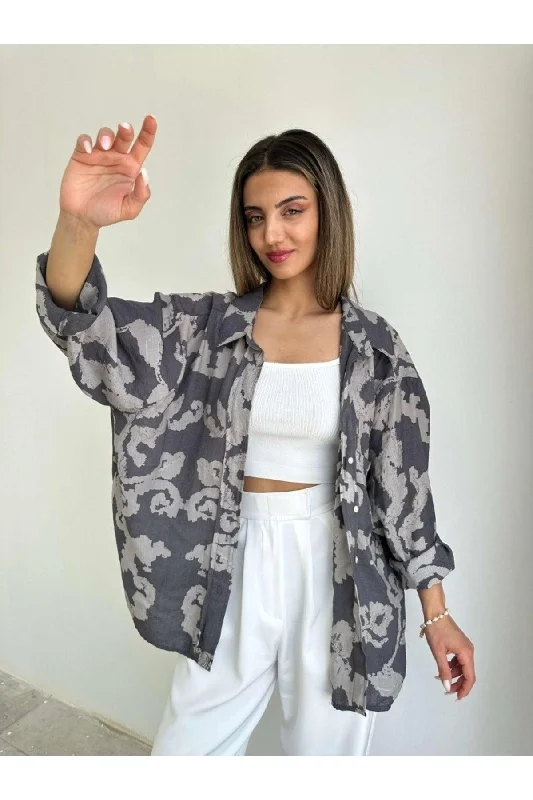 Smoked Patterned Off Shoulder Oversize Shirt-- Spandex Blend Rayon Blend Denim Blend Smoked Patterned Off Shoulder Oversize Shirt-- Spandex Blend Rayon Blend Denim Blend