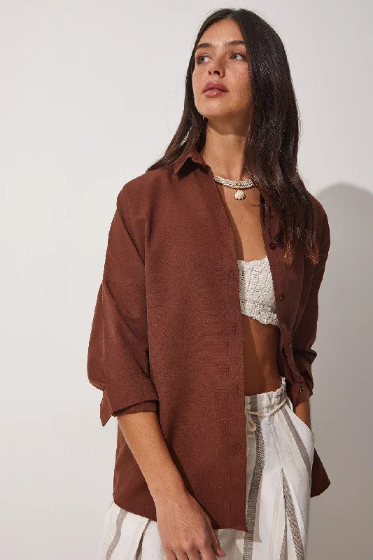 Women's Cocoa Oversize Long Basic Shirt DD00842-- Print Jacquard Patchwork