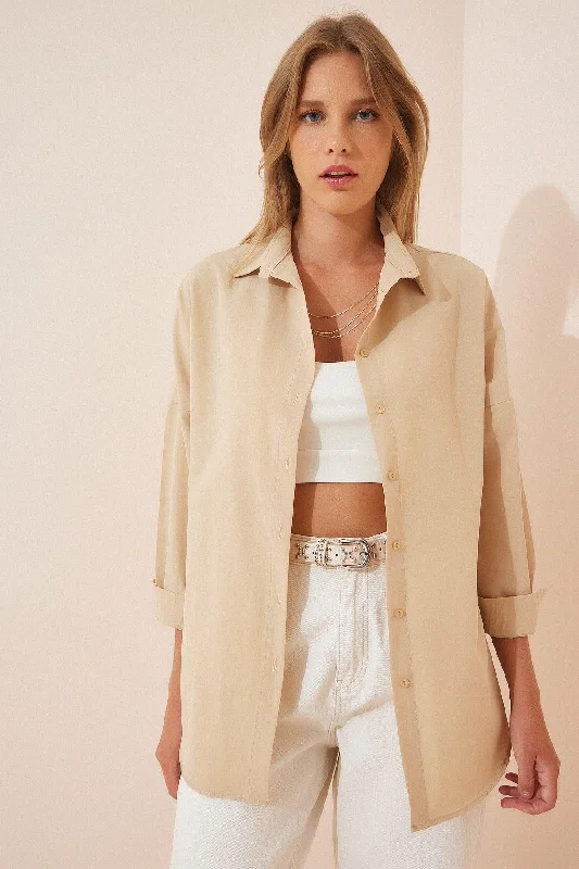 Women's Biscuit Oversize Long Basic Shirt DD00842-- Hooded Caped Shawl Collar