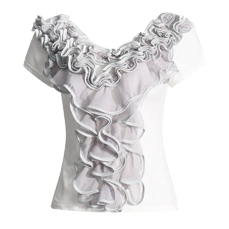 Lavish Cascade Ruffle Applique Scoop Neck Short Sleeve Slim Fit T Shirt-- Mesh Blend Leather Blend Suede Blend