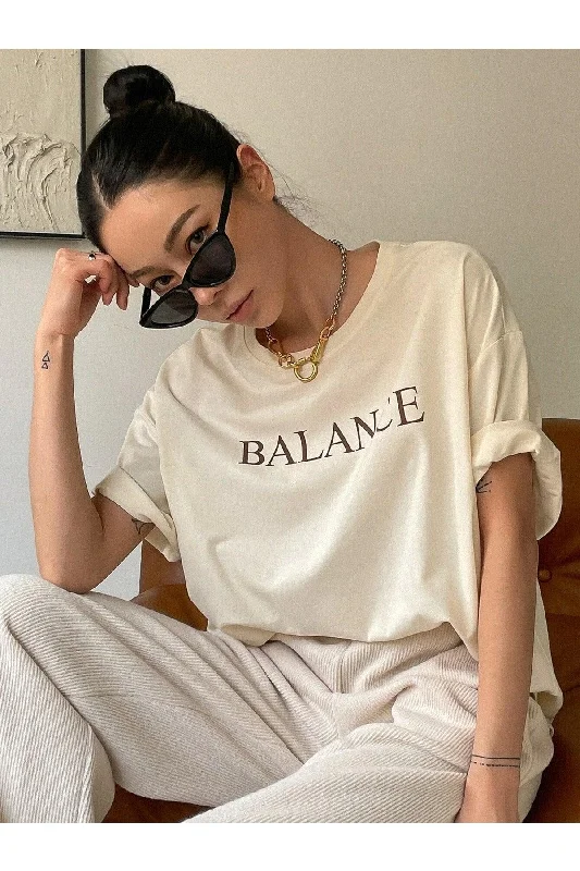 Women's Beige Balance Printed Oversize T-shirt-- Graphic Embroidered Appliqued