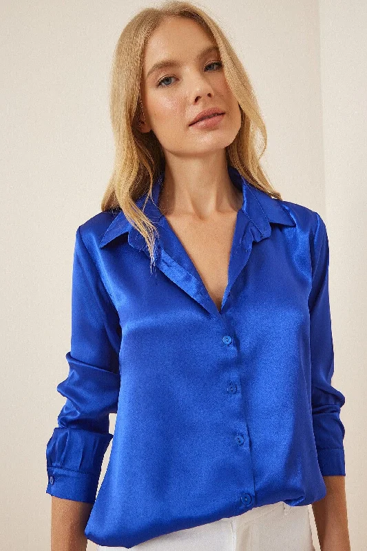 Women's Cobalt Blue Light Flowy Satin Shirt DD00990-- V-Neck T-Shirt Long Sleeve Cotton Women's Cobalt Blue Light Flowy Satin Shirt DD00990-- V-Neck T-Shirt Long Sleeve Cotton