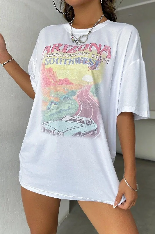 Unisex White Arizona Printed Oversize Shoulder Tee T-shirt-- V-Neck T-Shirt Long Sleeve Cotton Unisex White Arizona Printed Oversize Shoulder Tee T-shirt-- V-Neck T-Shirt Long Sleeve Cotton