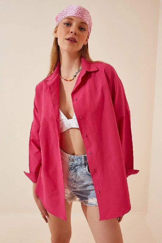 Women's Dark Pink Oversize Long Basic Shirt DD00842-- Notch Collar Peter Pan Collar Cowl Neck Women's Dark Pink Oversize Long Basic Shirt DD00842-- Notch Collar Peter Pan Collar Cowl Neck