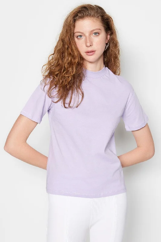 Lilac 100% Cotton Basic Stand Up Collar Knitted T-shirt TWOAW20TS0096-- Lace Blend Ribbed Blend Corduroy Blend Lilac 100% Cotton Basic Stand Up Collar Knitted T-shirt TWOAW20TS0096-- Lace Blend Ribbed Blend Corduroy Blend