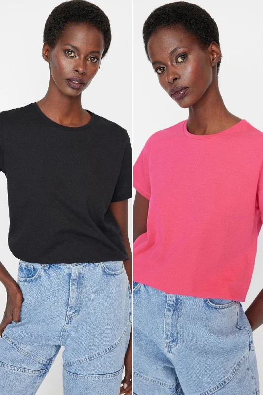 Black-Fuchsia 100% Cotton 2-Pack Basic Crew Neck Knitted T-Shirt TWOSS20TS0141-- Welt Pockets Slit Pockets