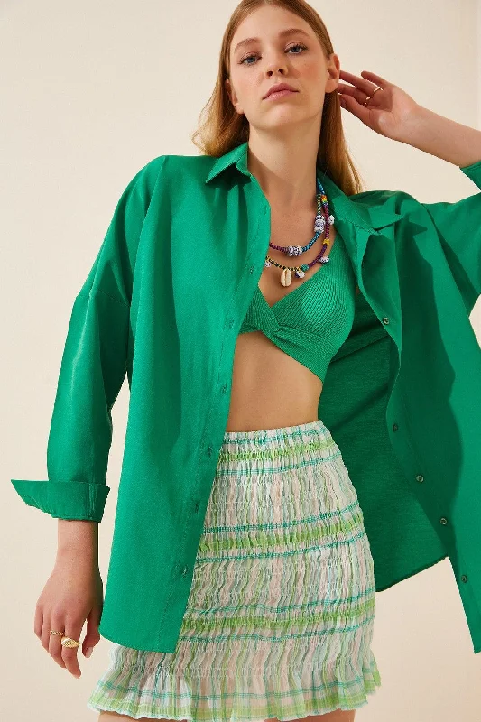 Women's Dark Green Oversize Long Basic Shirt DD00842-- Asymmetrical Pockets Print
