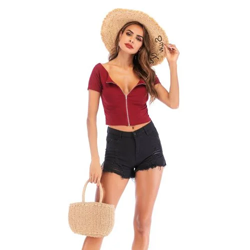 Summer Zipper Short Sleeve Fashion Slim Super Short Top Women T Shirts-- Rayon Fabric Velvet Fabric Corduroy Fabric Summer Zipper Short Sleeve Fashion Slim Super Short Top Women T Shirts-- Rayon Fabric Velvet Fabric Corduroy Fabric