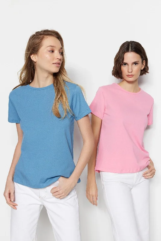 Indigo-Pink 100% Cotton 2-Pack Basic Crew Neck Knitted T-Shirt TWOSS20TS0141-- V-Neck T-Shirt Long Sleeve Cotton Indigo-Pink 100% Cotton 2-Pack Basic Crew Neck Knitted T-Shirt TWOSS20TS0141-- V-Neck T-Shirt Long Sleeve Cotton