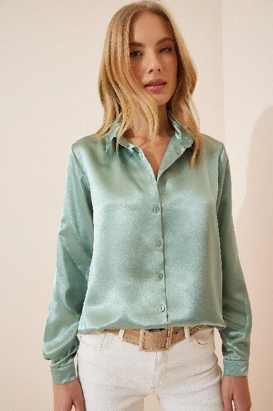 Women's Cagla Green Lightly Flowy Satin Shirt DD00990-- Asymmetrical Pockets Print