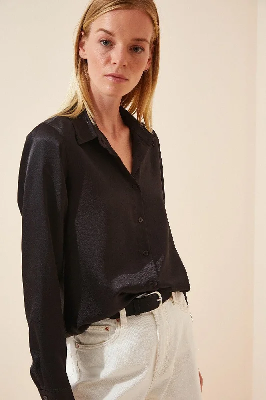 Women's Black Lightly Flowy Satin Shirt DD00990-- Handmade Hand-knitted Hand-woven