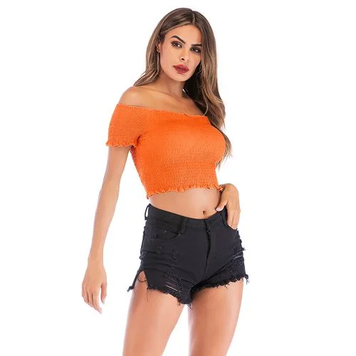 Short with Straight Neck and Navel Short-sleeved Women T Shirts-- Ribbed Striped Patterned Short with Straight Neck and Navel Short-sleeved Women T Shirts-- Ribbed Striped Patterned