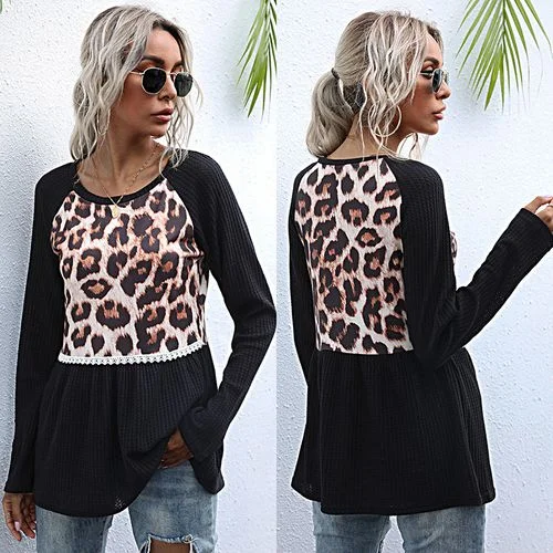 Womens Leopard Print Stitching Medium and Long T-shirt  Bottoming Shirt-- Terry Blend Velvet Blend Canvas Blend