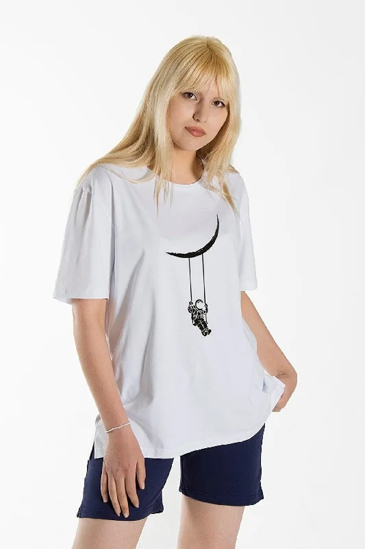 Women's White Swing Front Printed Crew Neck Oversize Cotton T-shirt-- Houndstooth Herringbone Solid Women's White Swing Front Printed Crew Neck Oversize Cotton T-shirt-- Houndstooth Herringbone Solid