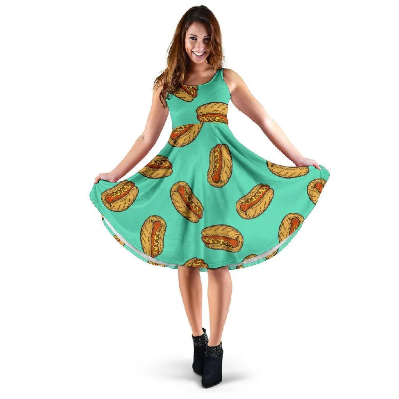Green Hot Dog Pattern Print Dress Halter Neckline Beach