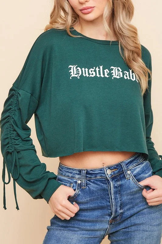 HUSTLE BABE LONG RUCHED TIE SLEEVE SWEATSHIRT Hoodie with Mesh Breathable Sporty