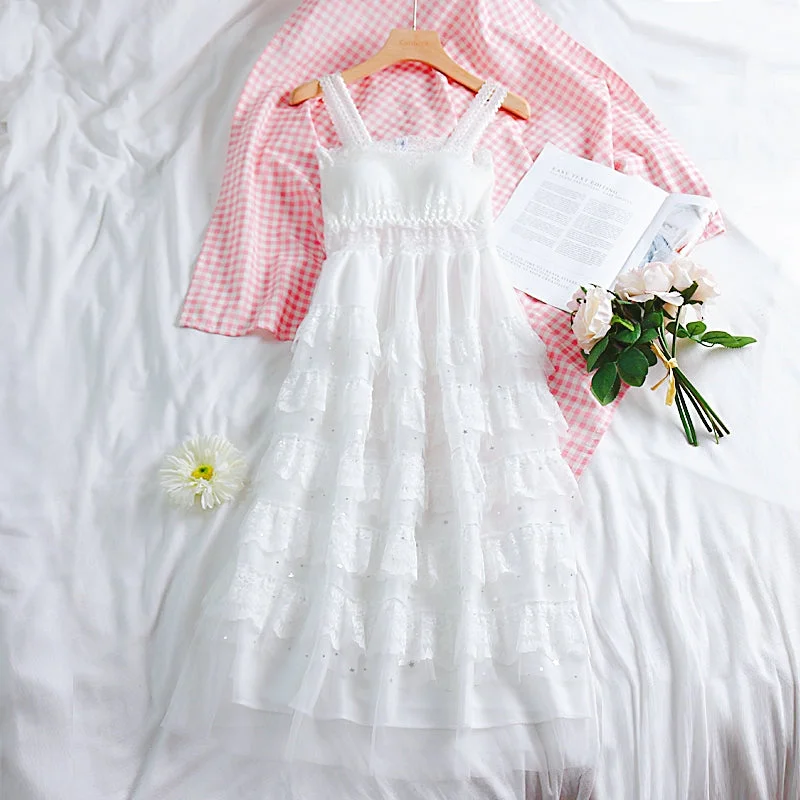 White lace dress   PL50289 Square Neckline Feminine