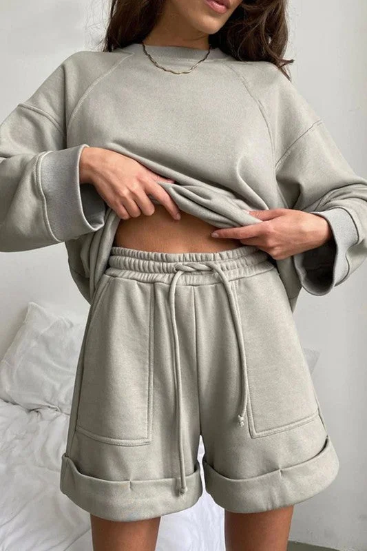 LONG SLEEVE SWEATSHIRTS TWO PIECES SET Hoodie with Hem Applique Textured Unique