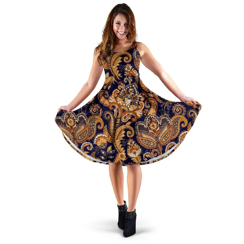 Gold Paisley Pattern Print Dress Tunics Distressed trendy