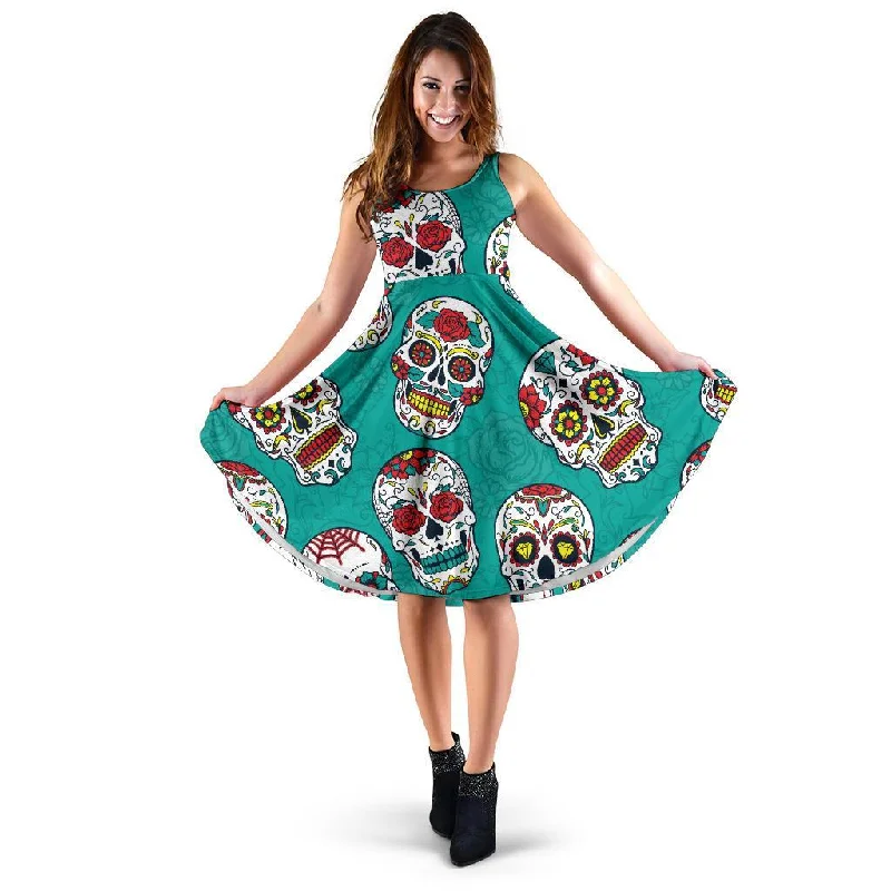 Girly Floral Rose Sugar Skull Skeleton Pattern Print Dress Tunics Chinos classic