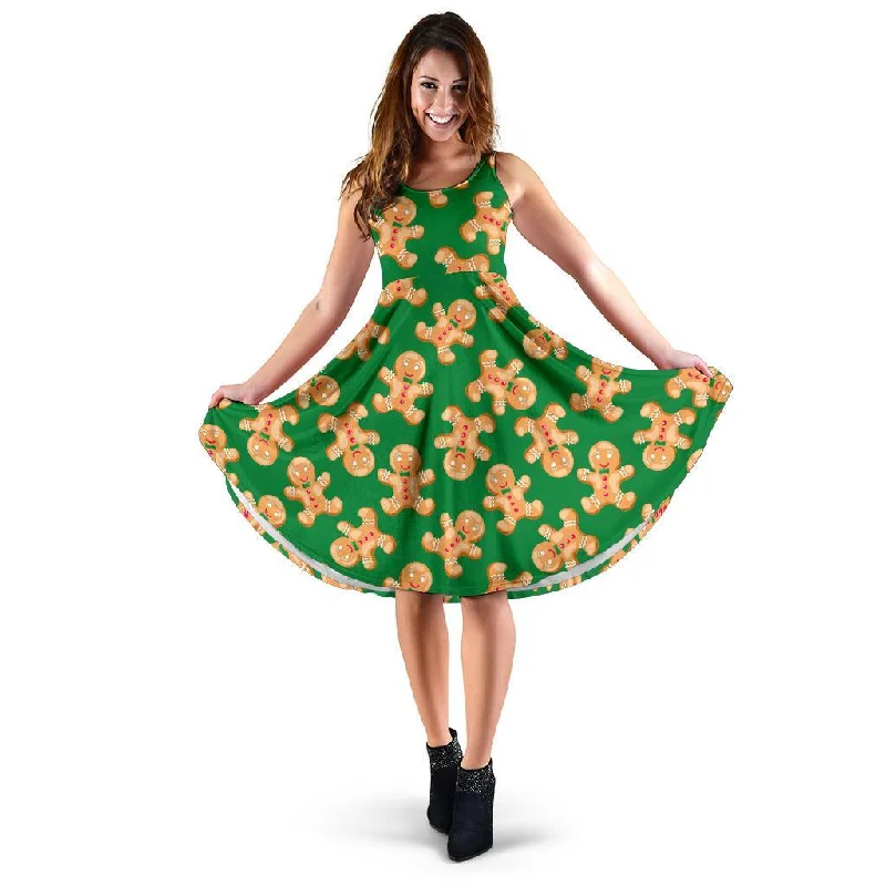 Green Gingerbread Man Chirstmas Pattern Print Dress Off-the-shoulder Chic Trendy