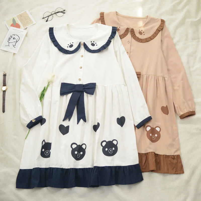 Doll collar bear print dress PL20626 Tunics Denim casual